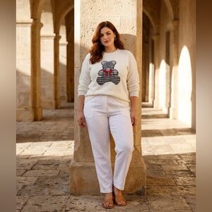 Women’s Large / XL Teddy Bear Bow Sweater With Bling, Rhinestones, Pearls NWT